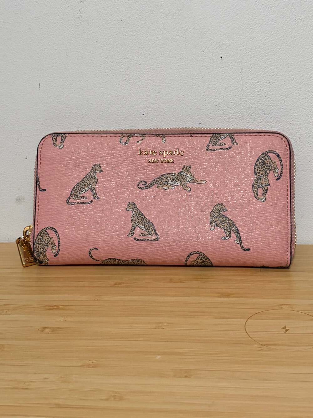 Kate Spade Morgan Pink Leopard Cheetah Saffiano Leather Zip Around Wallet